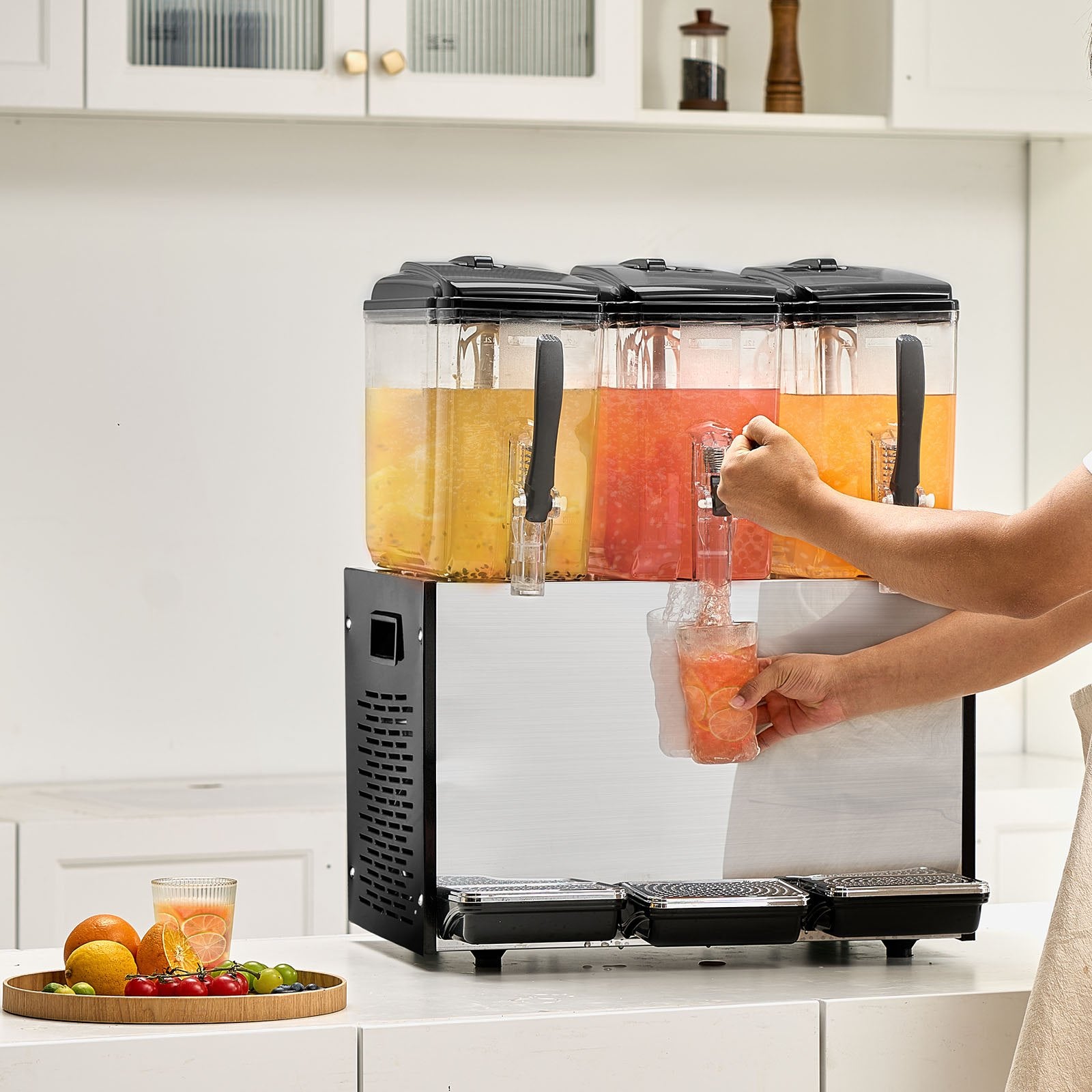 VEVOR Commercial Beverage Dispenser, 3 Tanks 12 L Per Tank Juice Dispenser, 370W Stainless Steel Ice Tea Drink Machine with 7℃-12℃ Cooling Temperature, for Cold Drink Restaurant Bar Party