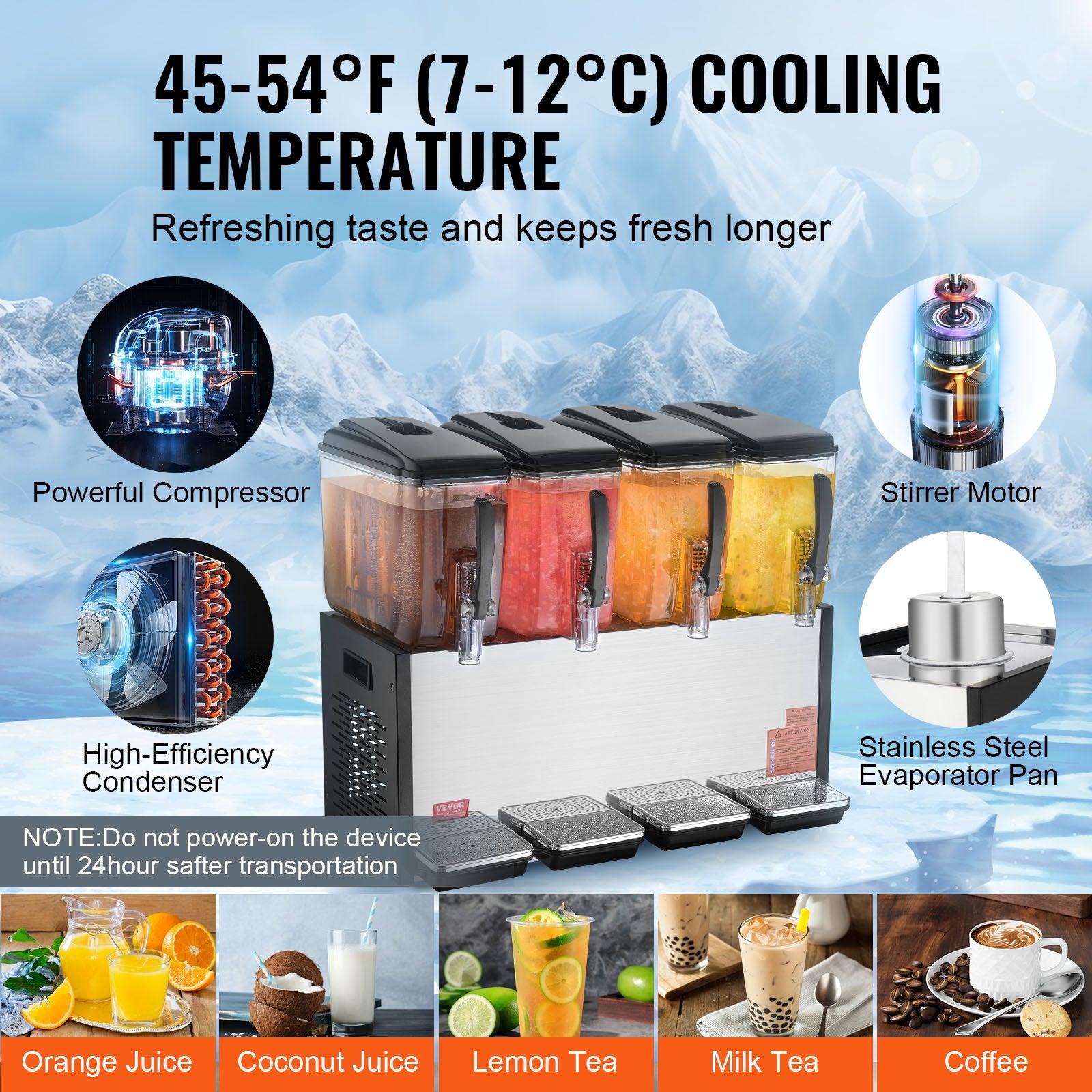 VEVOR Commercial Beverage Dispenser, 4 Tanks 12 L Per Tank Juice Dispenser, 510W Stainless Steel Ice Tea Drink Machine with 7℃-12℃ Cooling Temperature, for Cold Drink Restaurant Bar Party