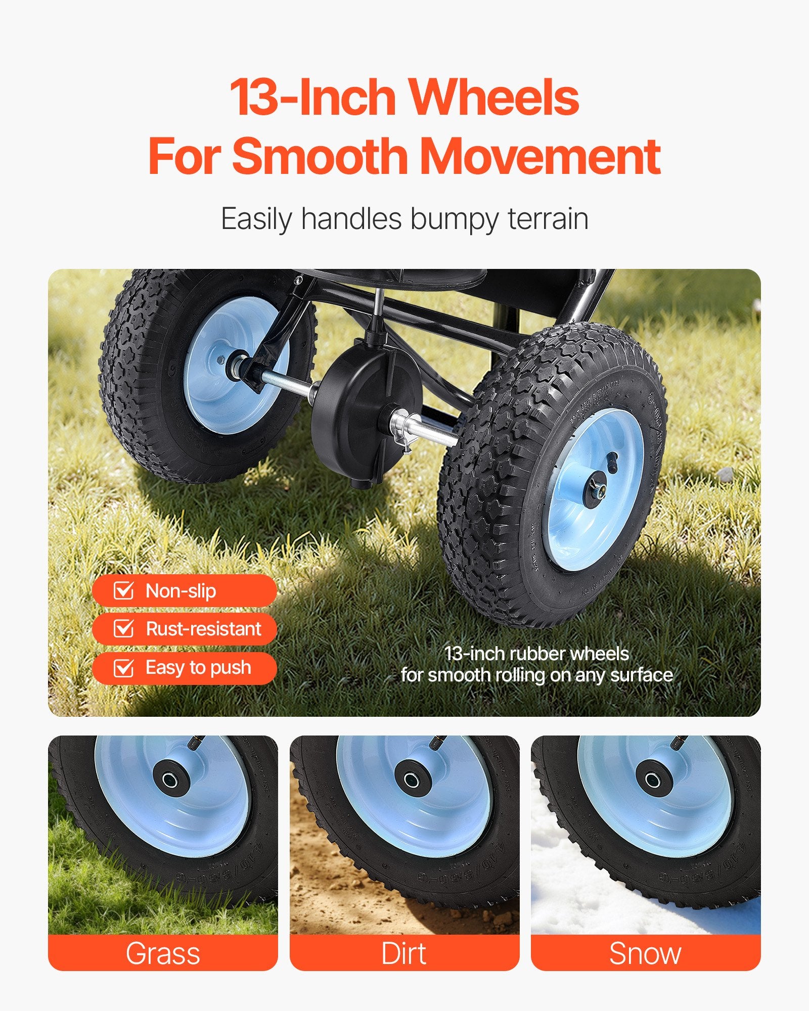 VEVOR Lawn Spreader, 100LBS Capacity, Walk-Behind Push Spreader, 0-9.8ft Spreading Width, 13 in All Terrain Pneumatic Tires, Fertilizer Spreaders with Hopper Grate, for Seed Salt Ice Melt