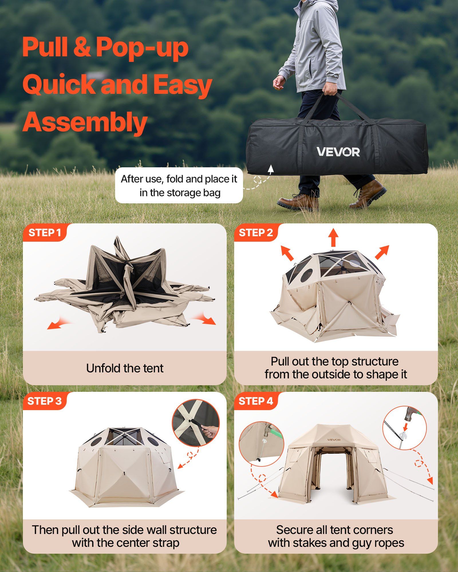 Pop up Gazebo Screen Tent, 3.6x3.6 m, 13-Sided Spherical Camping Canopy Tent with Removable Top & Carry Bag, Quick-Set & Bite-Proof, Screen House Sun Shelter for 8-10 Persons, Beige