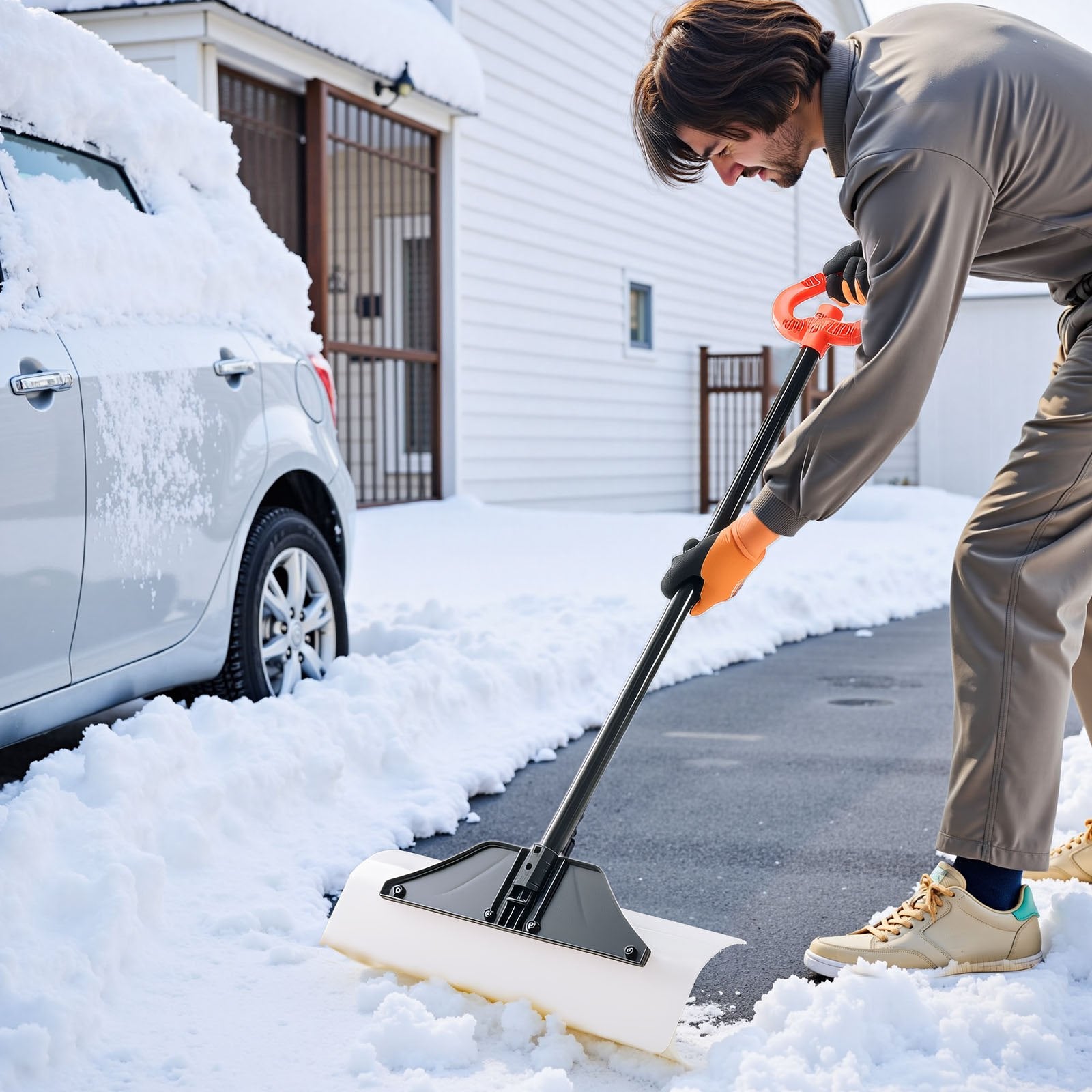 VEVOR Snow Pusher Shovel, 61 cm Wide Outdoor Snowplow Shovel with Ergonomic Grip, HDPE Plastic Blade, Winter Shovels with Segmented Handle, Portable Snow Removal Tool for Driveway Garden Camping