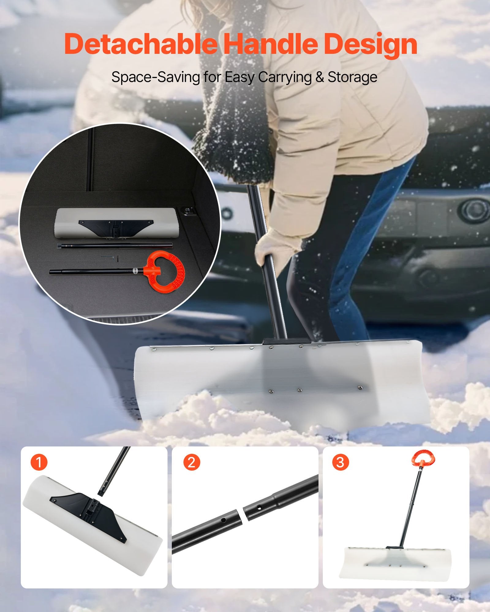 VEVOR Snow Pusher Shovel, 76.2 cm Outdoor Snowplow Shovel with Ergonomic Grip, HDPE Plastic Blade, Winter Shovels with Segmented Handle, Metal Edged Strip, Portable Snow Removal Tool for Driveway