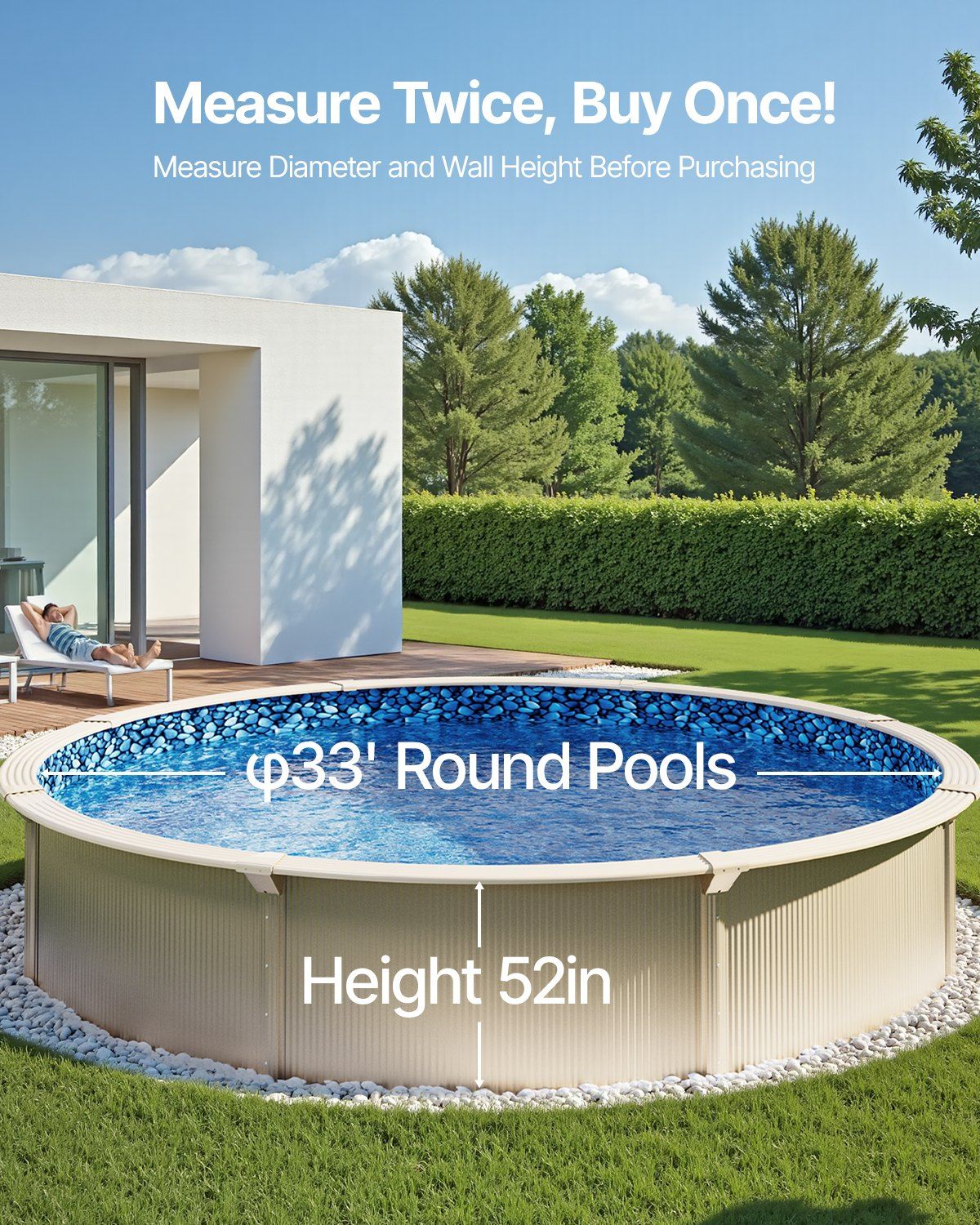 Pool Liner, 33ft Round Pool Liner, Uinbead Style, Durable Vinyl Pool Liner, Standard Gauge, 52in Wall Height, Pool Liner Replacement for Steel Sided Above-Ground Swimming Pools