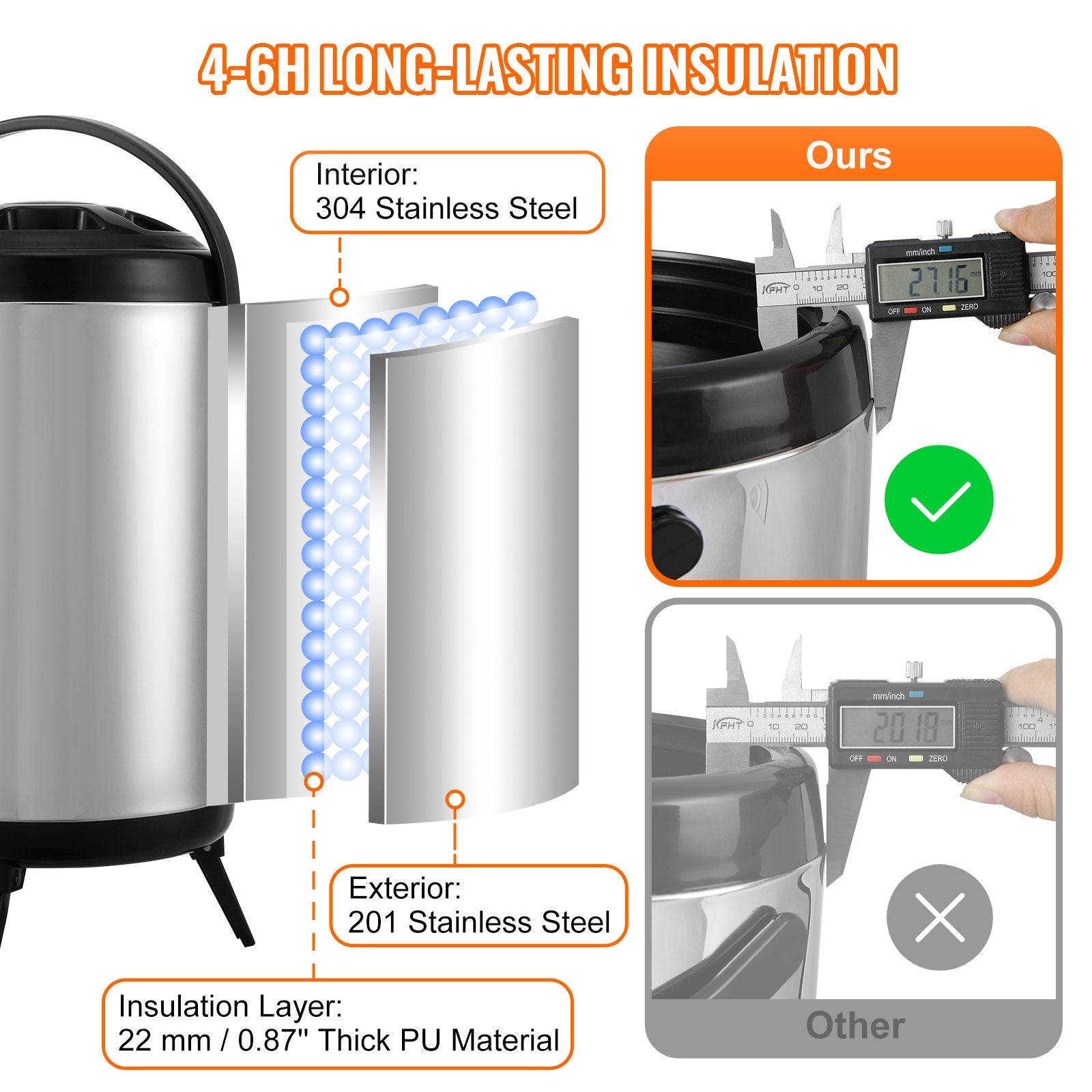VEVOR Stainless Steel Insulated Beverage Dispenser, 7.6 Liter, Thermal Hot and Cold Drink Server Dispenser with Spigot Handle, Food-grade for Hot Tea Coffee Water Restaurant Drink Shop