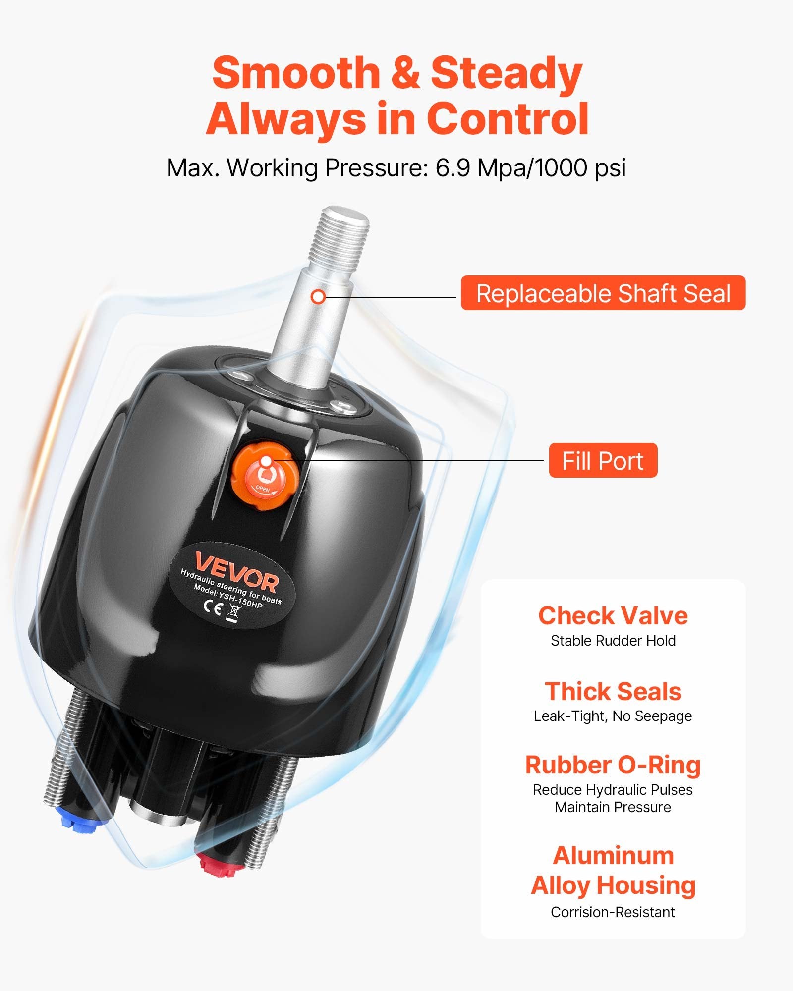 VEVOR Hydraulic Steering Kit, 150 HP, Marine Boat Hydraulic Steering System, with 6.9 MPa/1000 psi Helm Pump, Two-Way Lock Cylinder, and 6 m High-Strength Hoses, for Single Station, Single-Engine Use