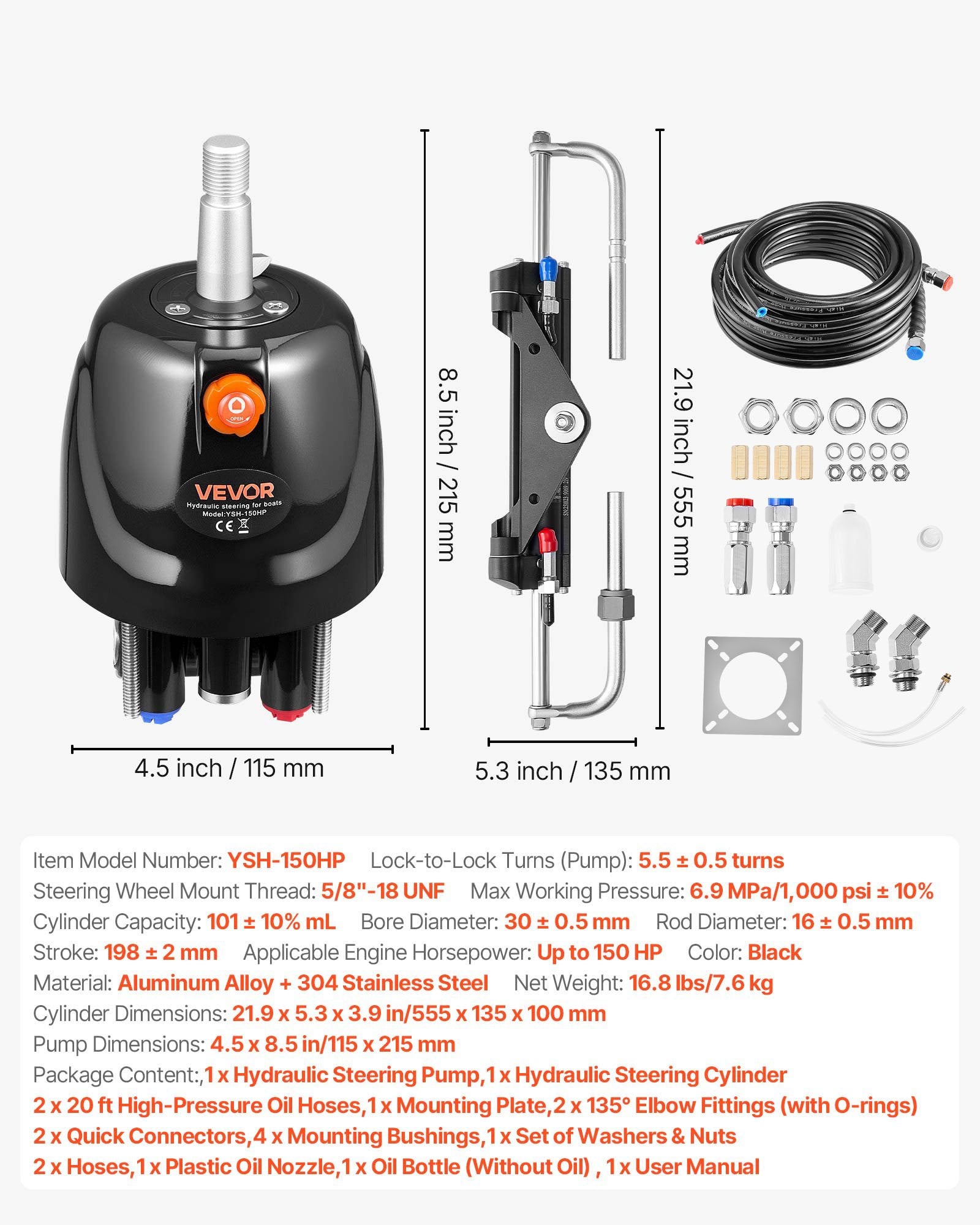 VEVOR Hydraulic Steering Kit, 150 HP, Marine Boat Hydraulic Steering System, with 6.9 MPa/1000 psi Helm Pump, Two-Way Lock Cylinder, and 6 m High-Strength Hoses, for Single Station, Single-Engine Use