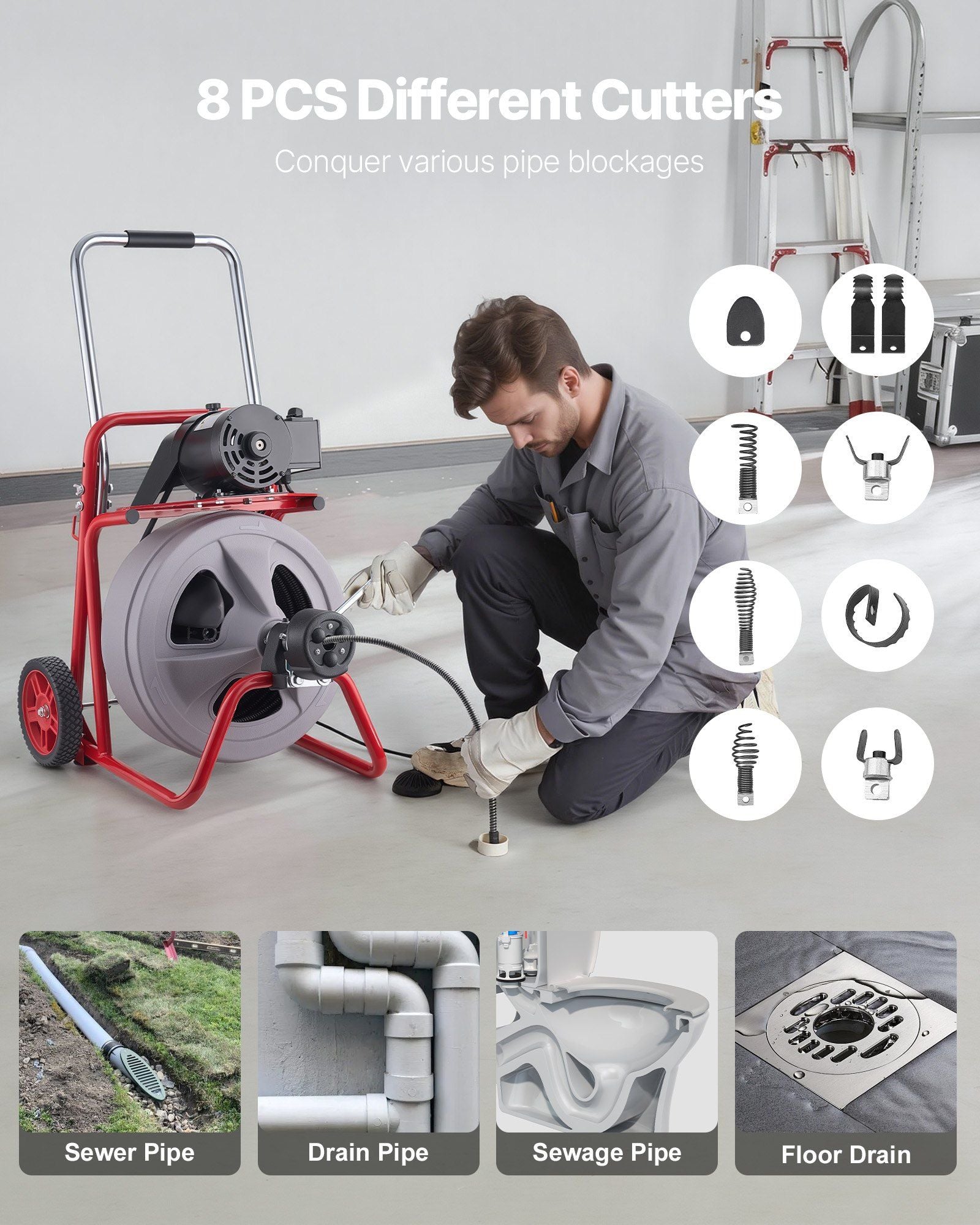 Drain Cleaner Machine 30m x 13mm, Auto Feed Sewer Snake Drain Auger on Wheels, Portable Drain Cleaning Machine with 8 Cutters & Air-Activated Foot Switch for 50mm to 150mm Pipes