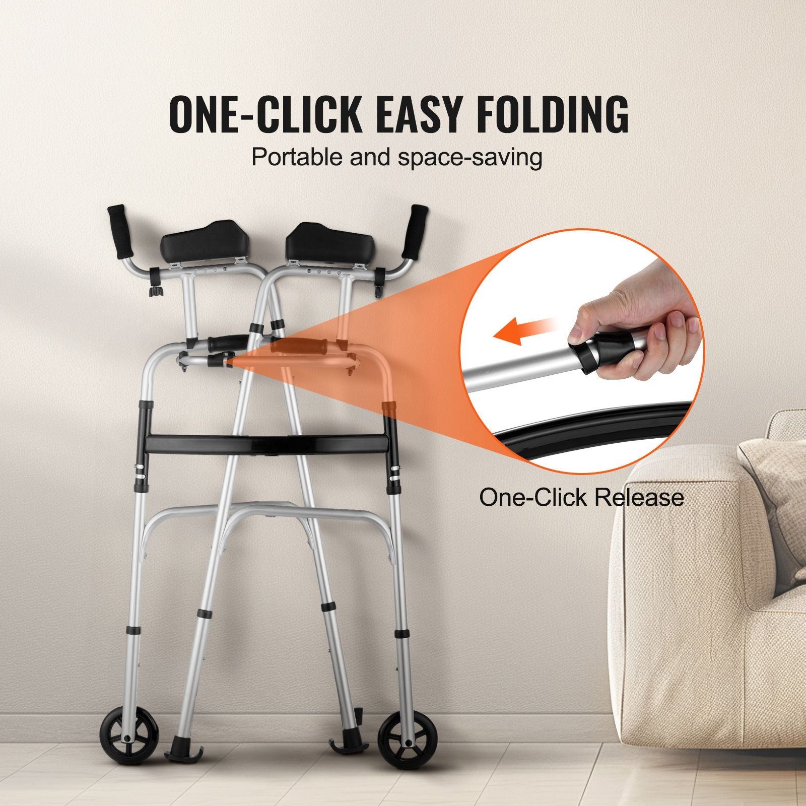 2 in 1 Folding Walker & Removable Armrests, Height Adjustable Foldable Walker with 5" Solid Wheels, Lightweight Aluminum | Front Wheeled Mobility Aid for Elderly Handicapped Disabled, 450 Pounds