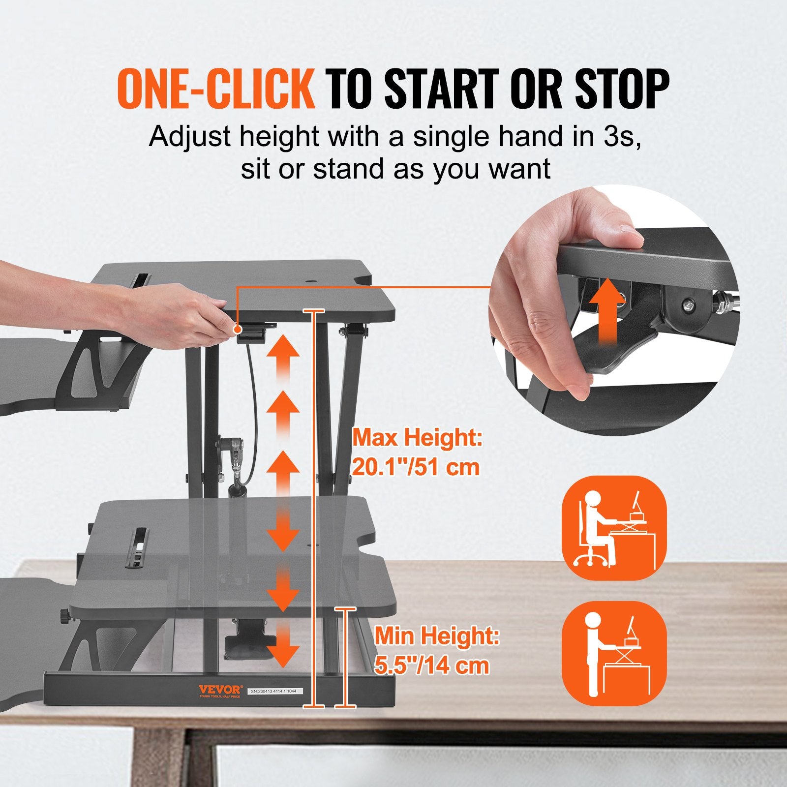 VEVOR Standing Desk Converter, Two-Tier Stand up Desk Riser, 800 mm Large Sit to Stand Desk Converter,140-510 mm Adjustable Height, for Monitor, Keyboard & Accessories Used in Home Office