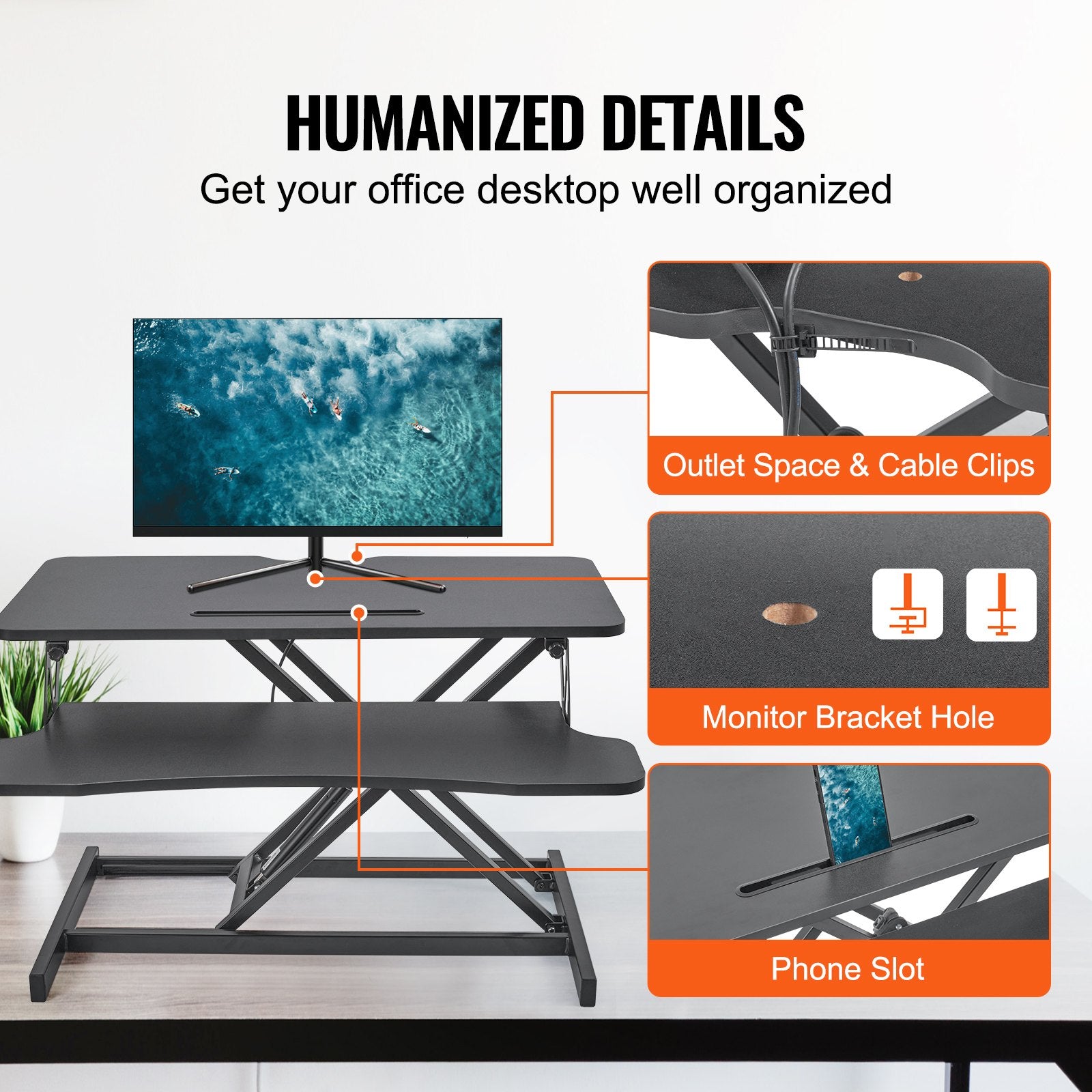 VEVOR Standing Desk Converter, Two-Tier Stand up Desk Riser, 800 mm Large Sit to Stand Desk Converter,140-510 mm Adjustable Height, for Monitor, Keyboard & Accessories Used in Home Office