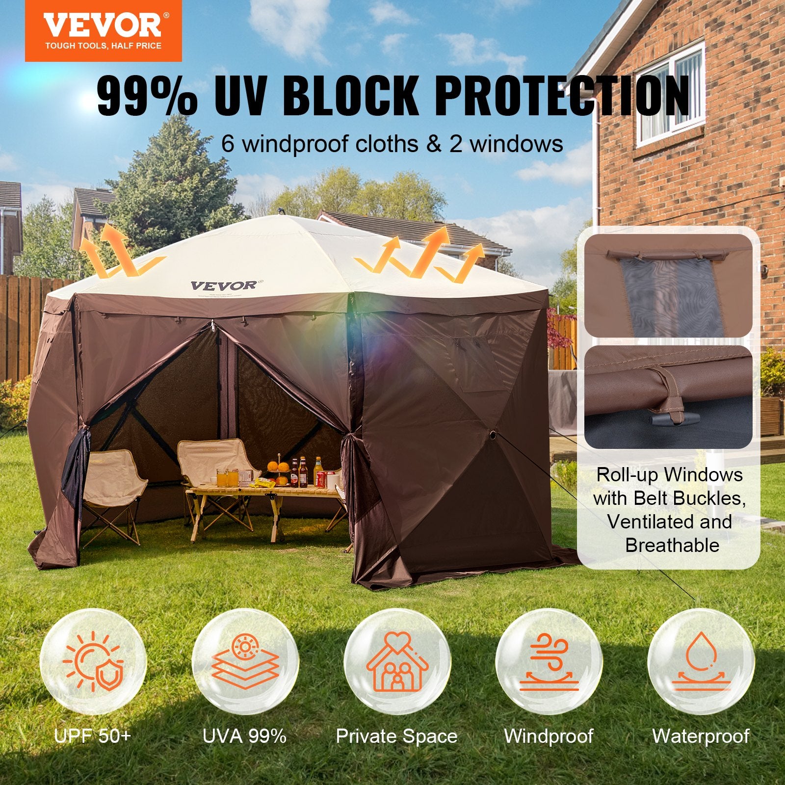 Pop Up Gazebo Tent, Pop-Up Screen Tent 6 Sided Canopy Sun Shelter with 6 Removable Privacy Wind Cloths & Mesh Windows, 12.5x12.5FT Quick Set Screen Tent with Mosquito Netting, Brown