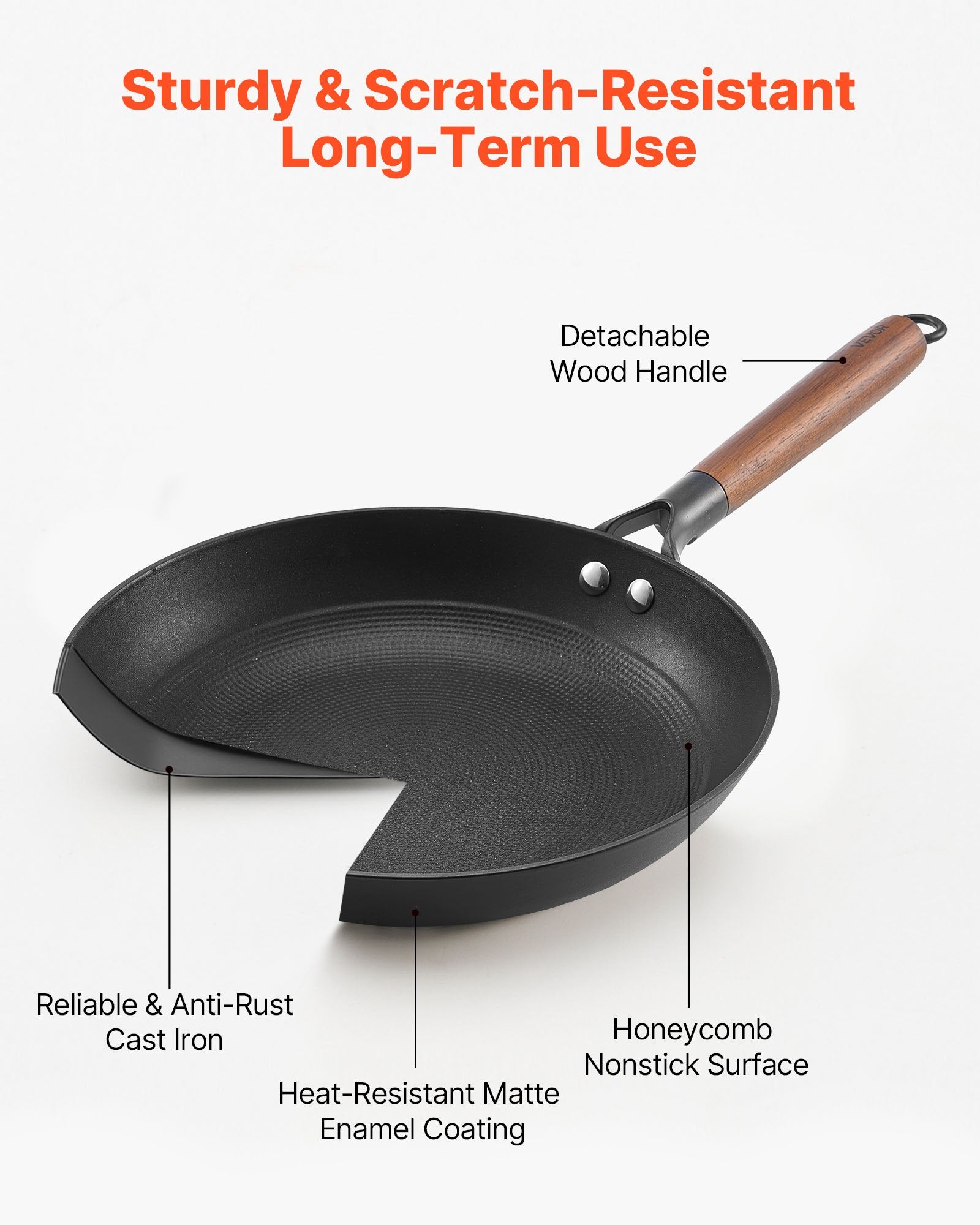 VEVOR Cast Iron Skillet, 3-Piece Frying Pan Set (205, 265, 310 mm), Nonstick Skillets with Detachable Wood Handle, Pre-Seasoned Chef's Pan, Kitchen Cookware for Gas, Electrical, and Induction, Black