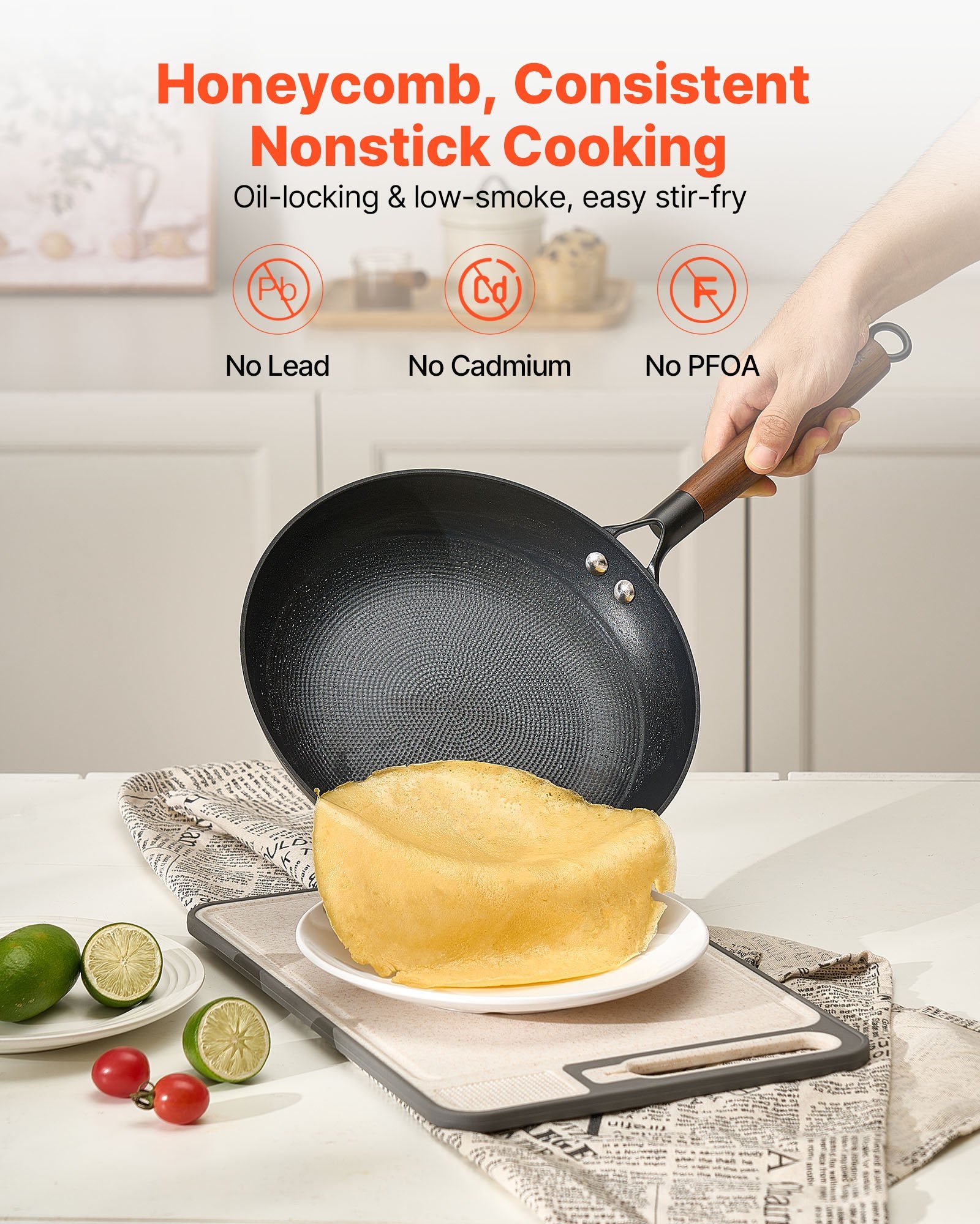 VEVOR Cast Iron Skillet, 3-Piece Frying Pan Set (205, 265, 310 mm), Nonstick Skillets with Detachable Wood Handle, Pre-Seasoned Chef's Pan, Kitchen Cookware for Gas, Electrical, and Induction, Black