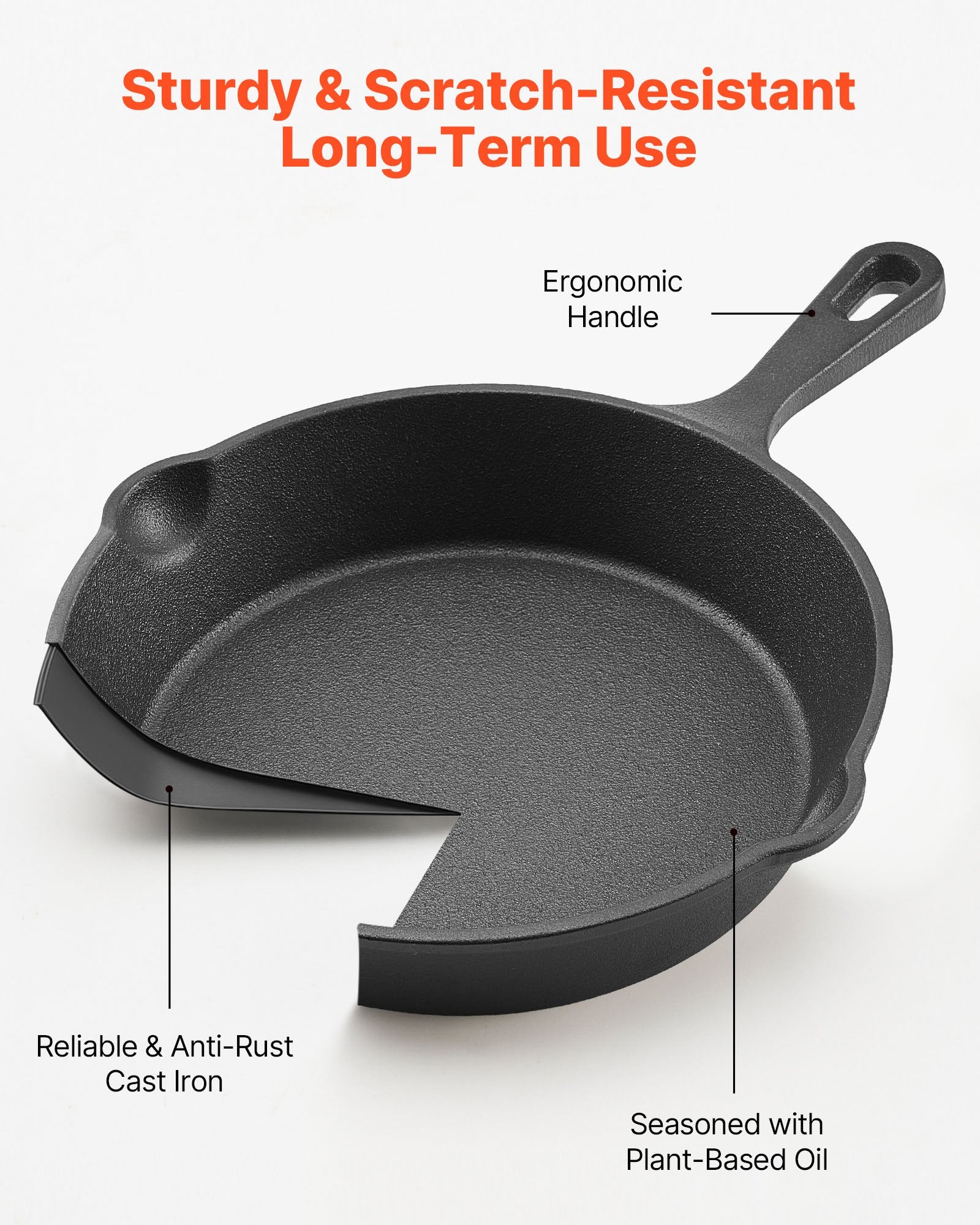VEVOR Cast Iron Skillet, 3 Pcs Frying Pan Set (160, 220, 265 mm), Heavy-Duty Skillets with Heat-Resistant Handle, Pre-Seasoned Chef's Pan, Kitchen Cookware, for Oven, Gas, Electrical, Induction, Black