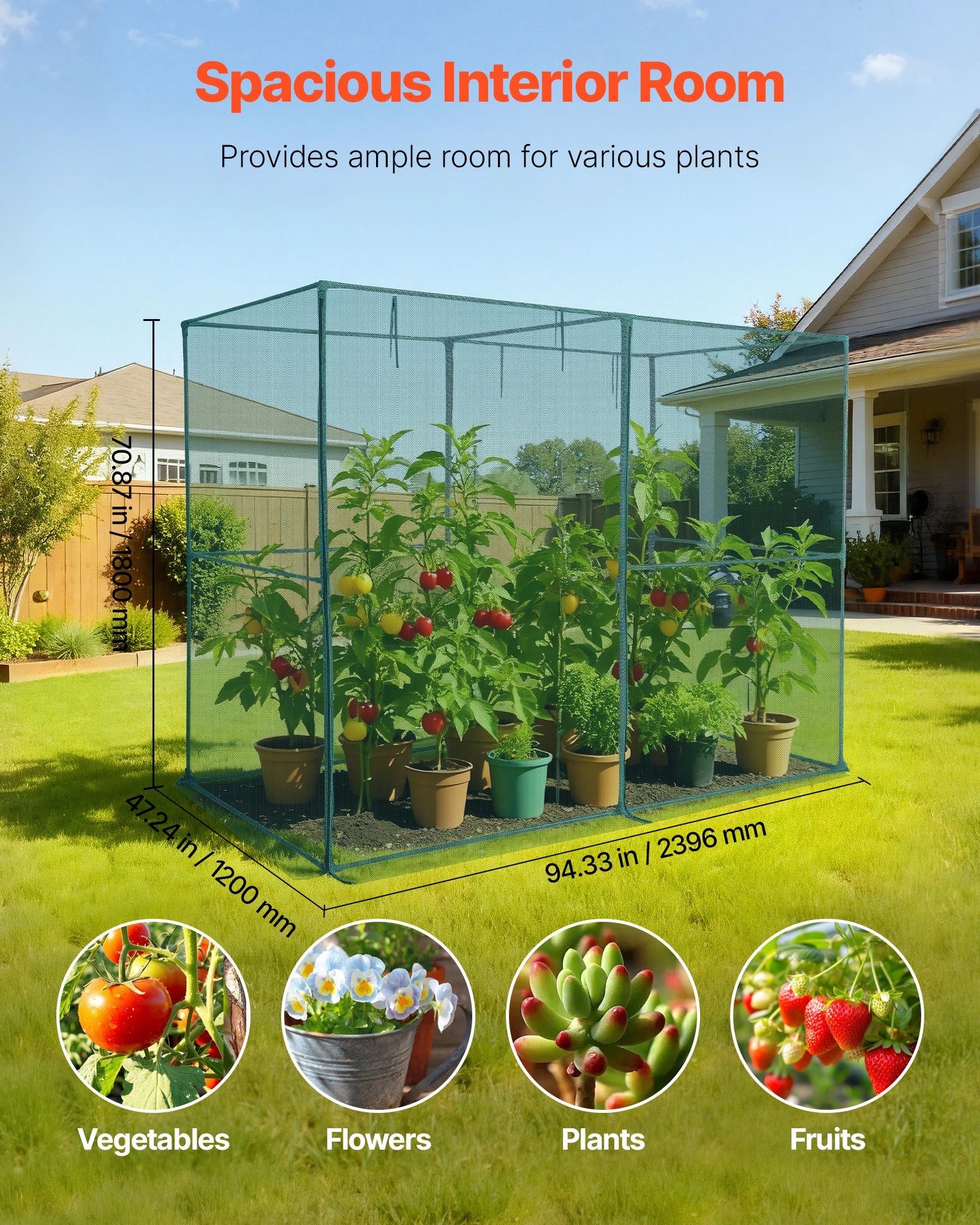 VEVOR Crop Cage, 2.39 x 1.2 x 1.8 m Plant Protection Tent with Zippered Door, Wind-Resistant Tall Crop Cage, Easy to Install, Outdoor Raised Bed Cover, Tomato Plant Netting for Garden Patio Lawn