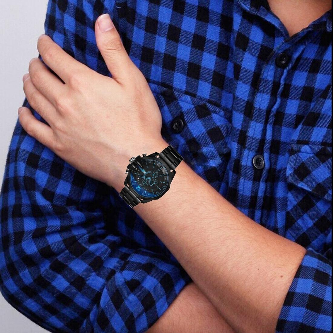 Men Stainless Steel Sports Watch With Large Dial - Black & Blue-1915196581456515075