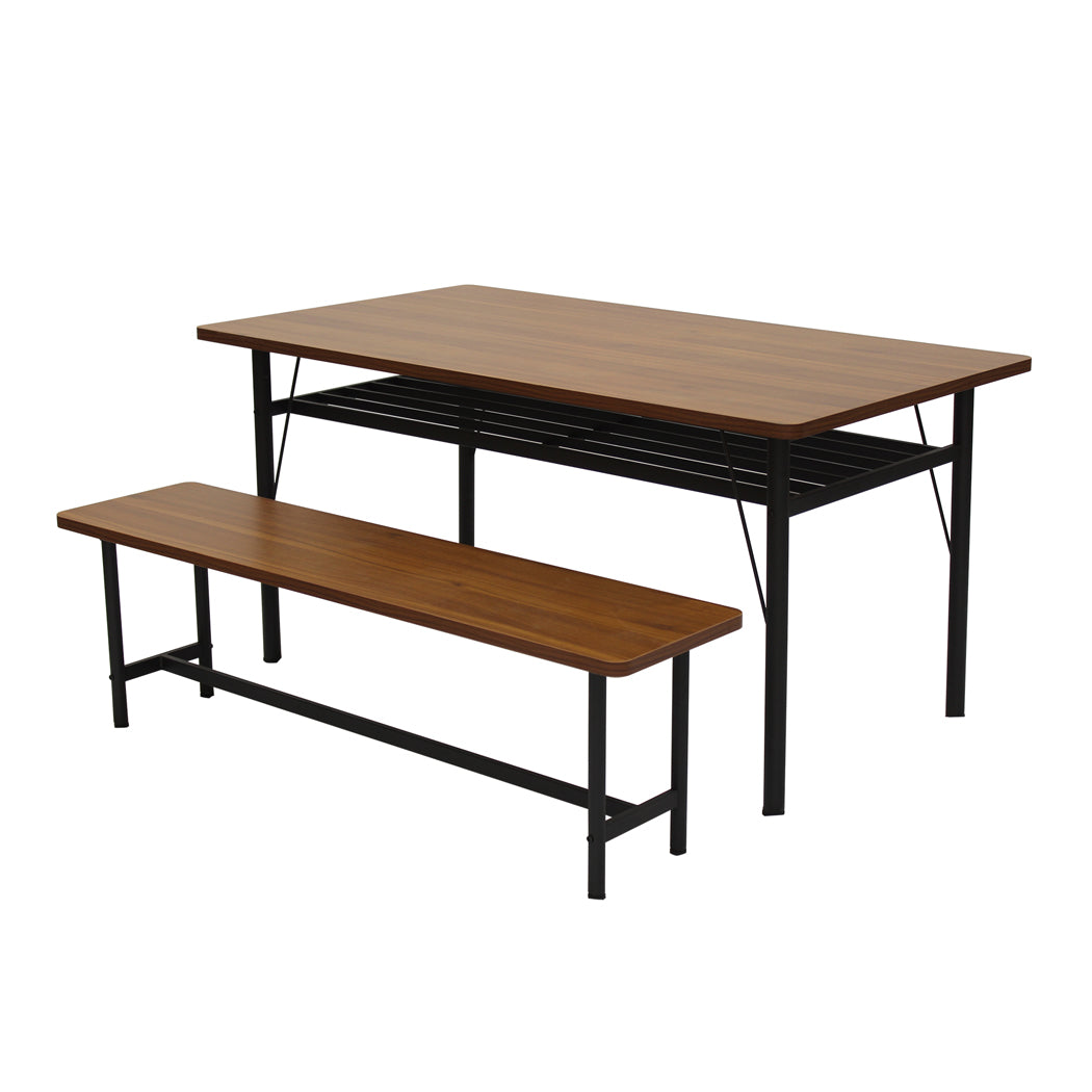 Levede 1x Dining Table +1x Bench Set Steel Home Kitchen Farmhouse Brown-1910113302315405312