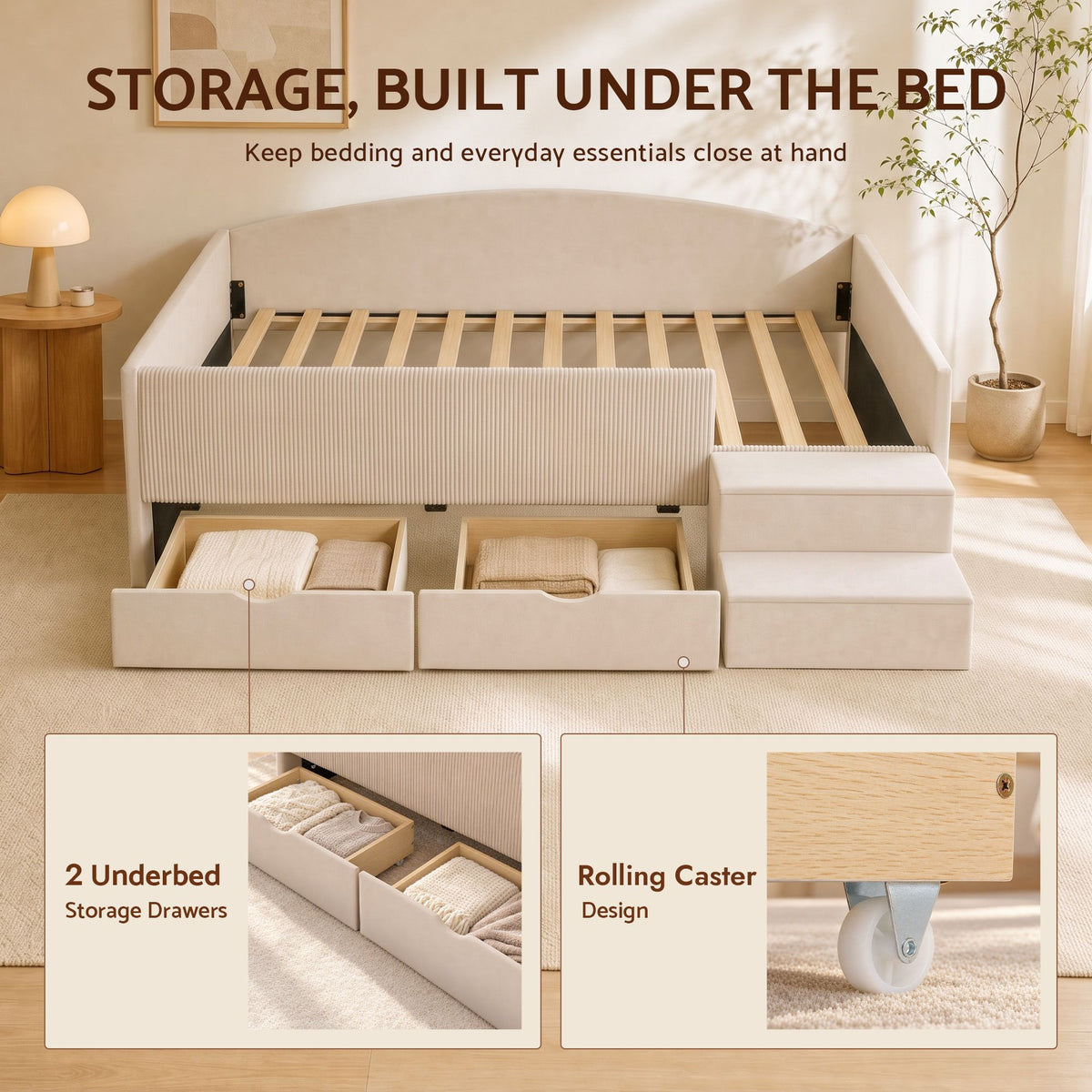 Artiss Single Upholstered Daybed with Side Stairs & Storage Drawers, Beige