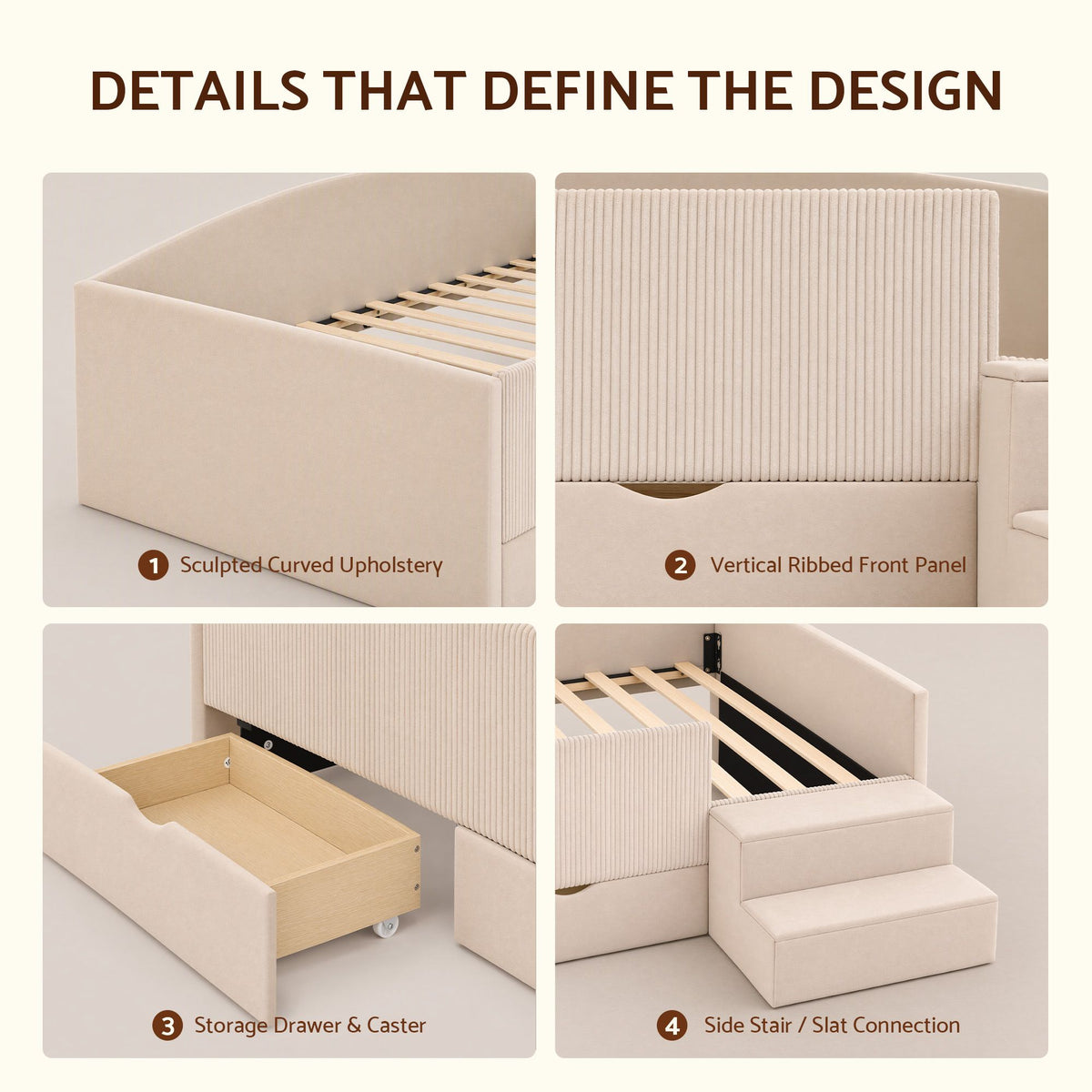 Artiss Single Upholstered Daybed with Side Stairs & Storage Drawers, Beige