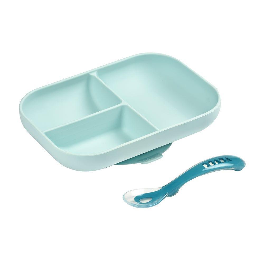 Beaba Silicone Suction Divided Plate & Spoon - Blue-1910112368906604544