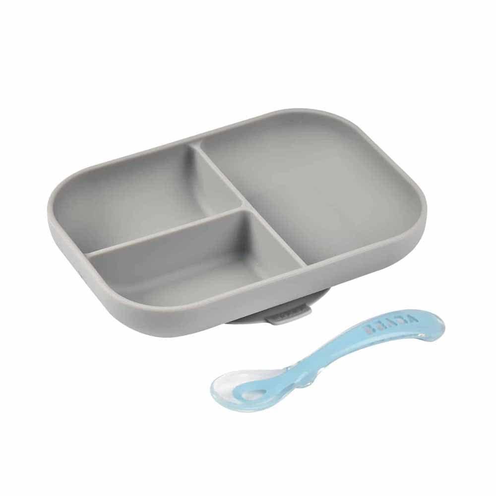 Beaba Silicone Suction Divided Plate & Spoon - Grey-1910112369196011520