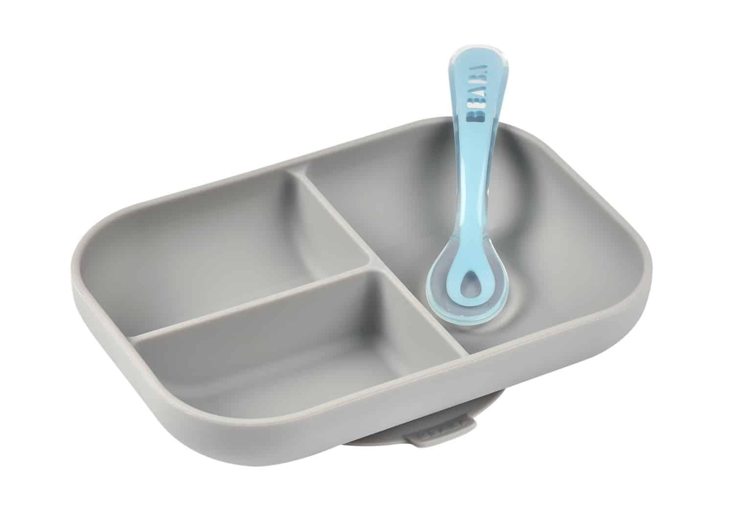 Beaba Silicone Suction Divided Plate & Spoon - Grey-1910112369196011521