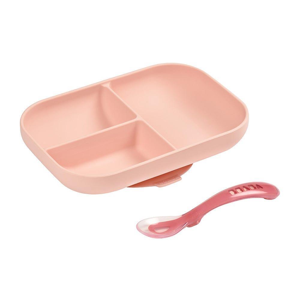Beaba Silicone Suction Divided Plate & Spoon - Pink-1910112369053405184