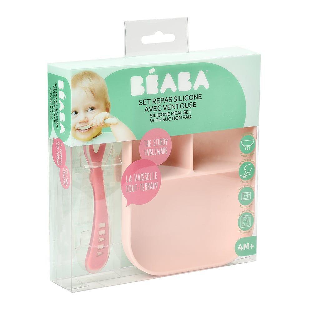Beaba Silicone Suction Divided Plate & Spoon - Pink-1910112369053405186