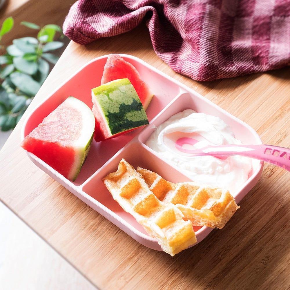 Beaba Silicone Suction Divided Plate & Spoon - Pink-1910112369053405187