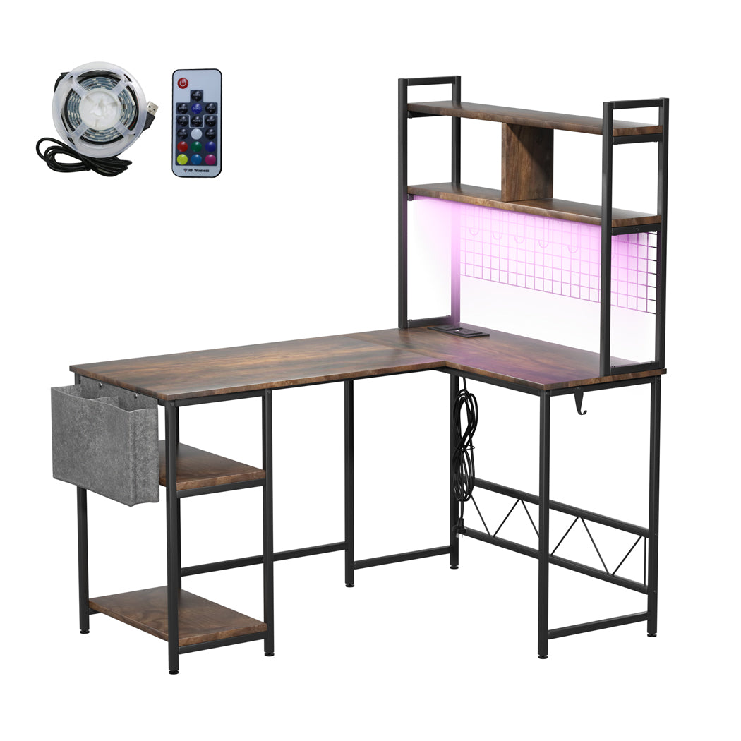 Levede L Shaped Gaming Desk with LED Lights Brown-1937319785700397056