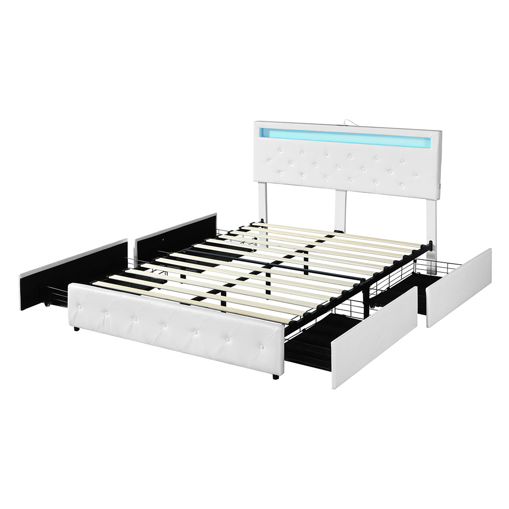 Levede Double Bed Frame RGB LED PU 4 Drawer USB-1937319784479854592