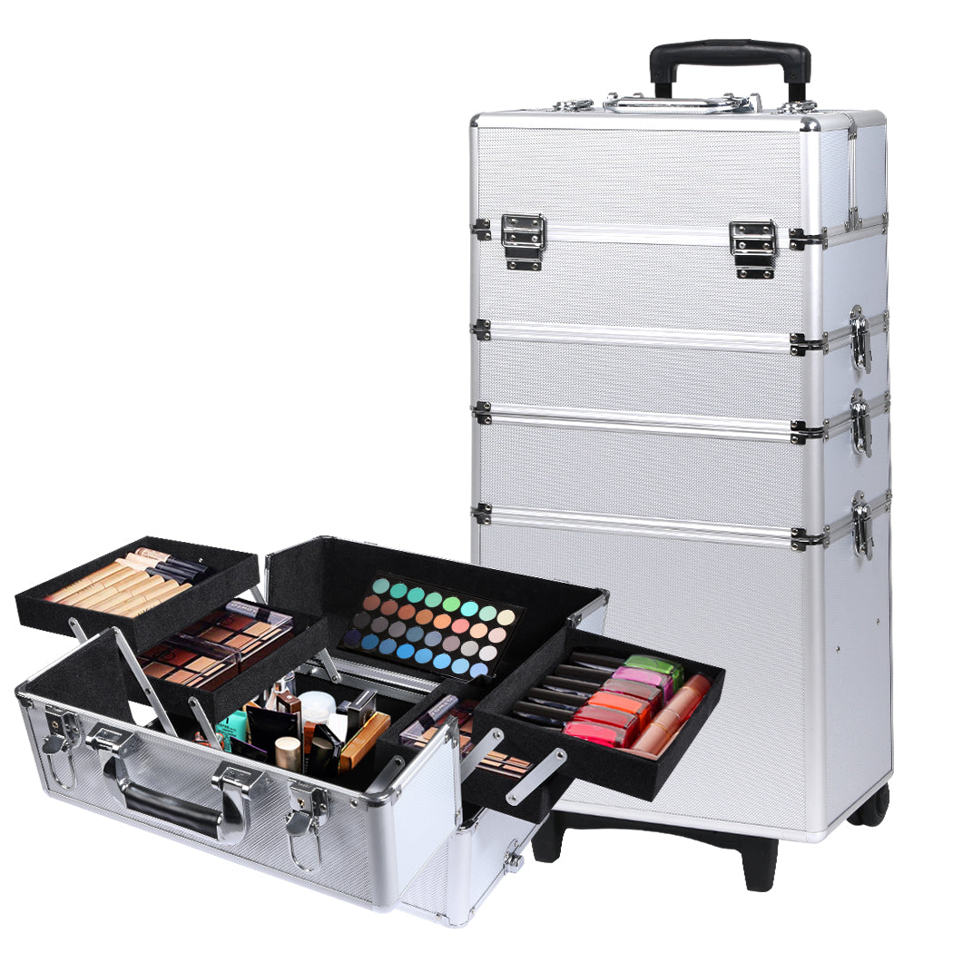 7 in 1 Rolling Makeup Case Professional Silver-1942353091009581056