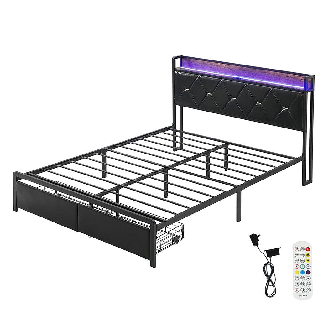 Levede Double Metal Bed Frame LED Lights 2 Drawers-1910112268906008576