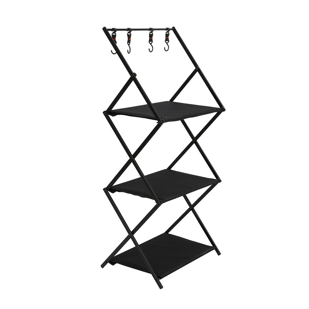 Levede Foldable Camping Storage Shelves 3 Layer with Hooks Black-1942352898612662272