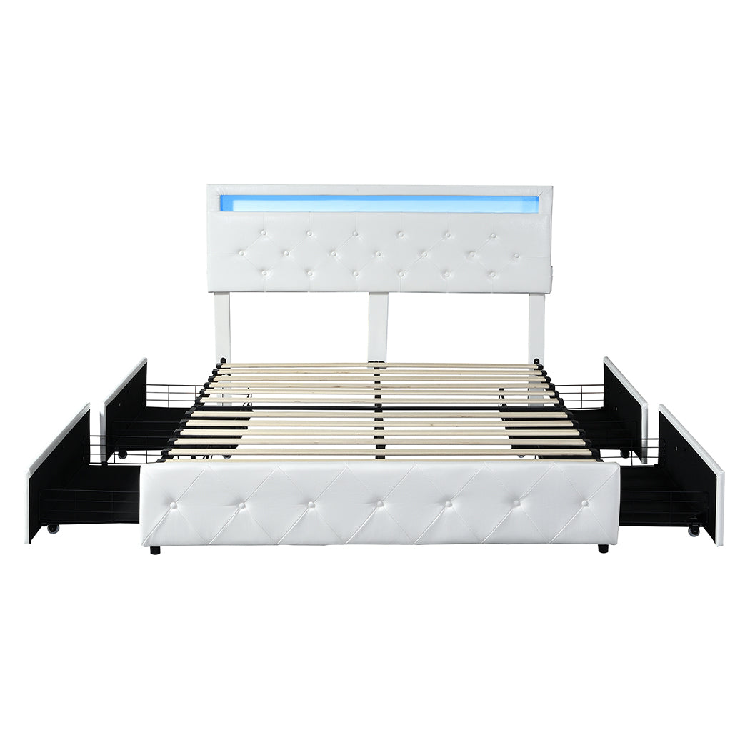 Levede Double Bed Frame RGB LED PU 4 Drawer USB-1937319784479854593