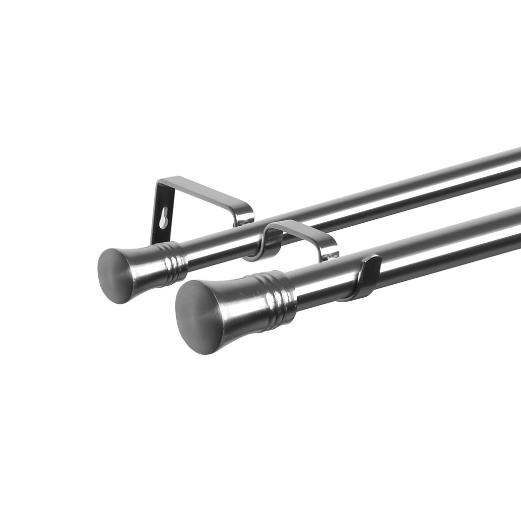 Marlow Silver Double Curtain Rod Steel Pole Pommel Set Extendable Adjustable-1942353625456185345