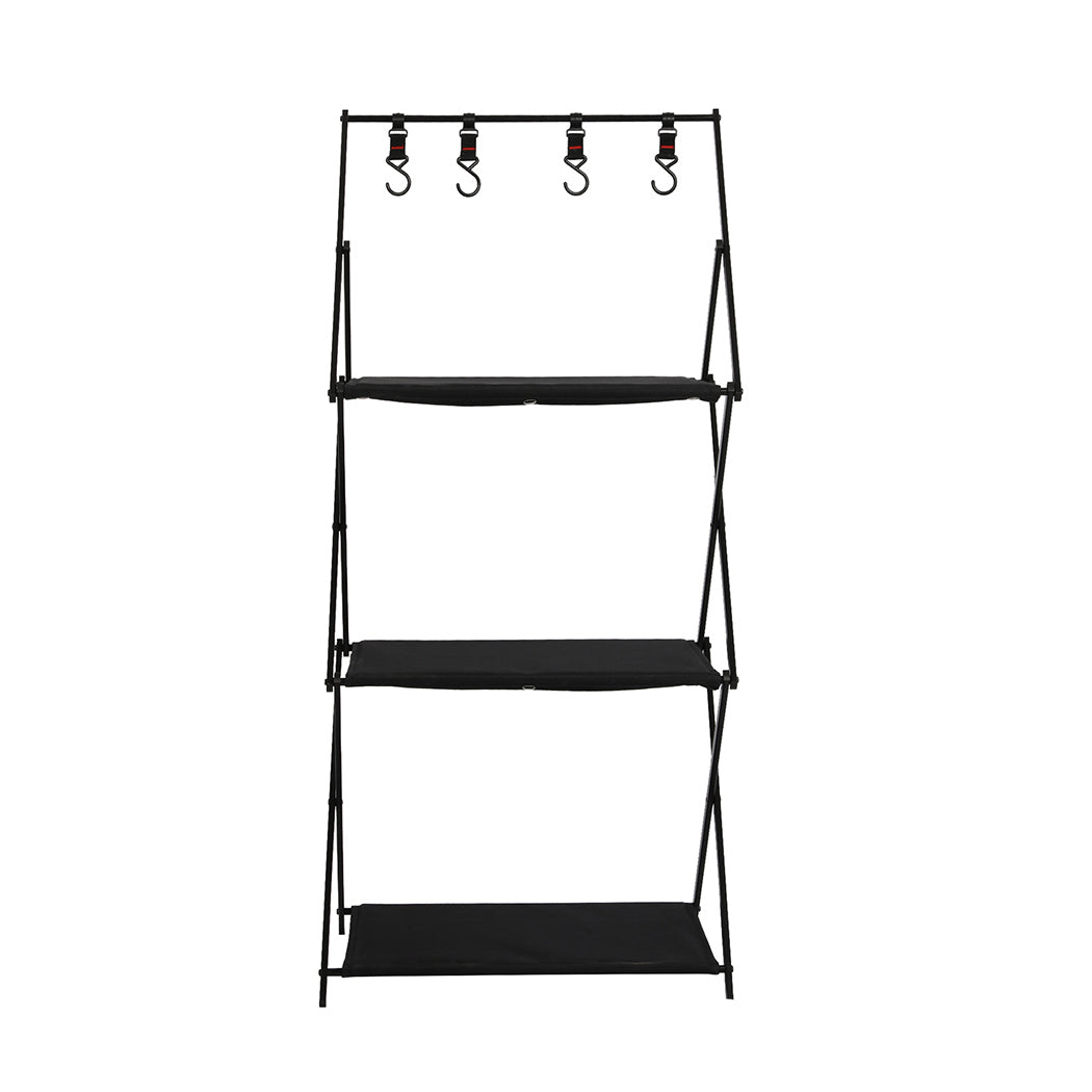 Levede Foldable Camping Storage Shelves 3 Layer with Hooks Black-1942352898612662273