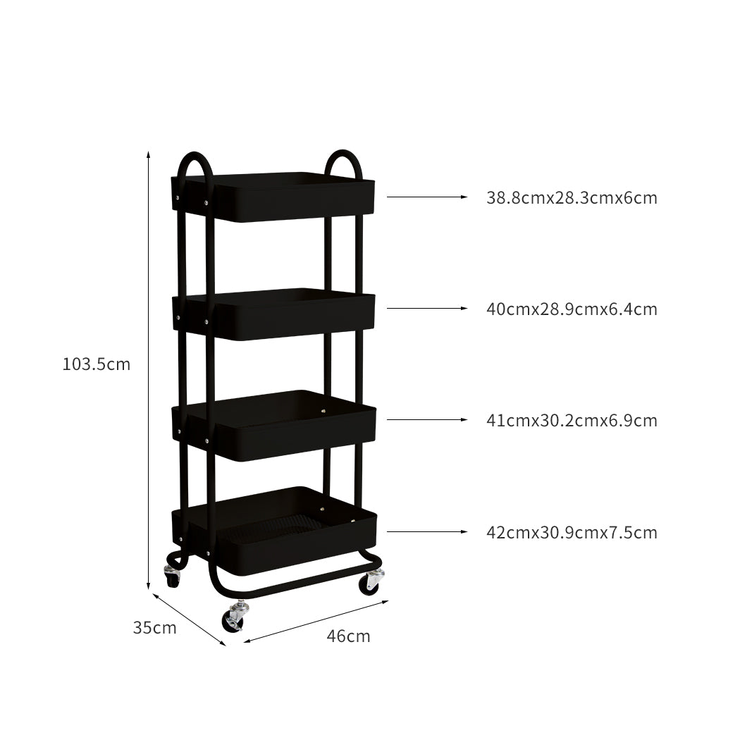 Levede 4 Tiers Kitchen Trolley Cart Black-1942353197893029890