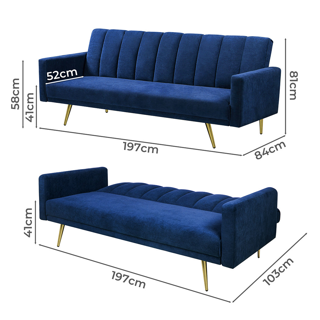 Levede Sofa Bed Convertible Velvet Lounge Recliner Couch Sleeper 3 Seater Blue-1937319827807014914