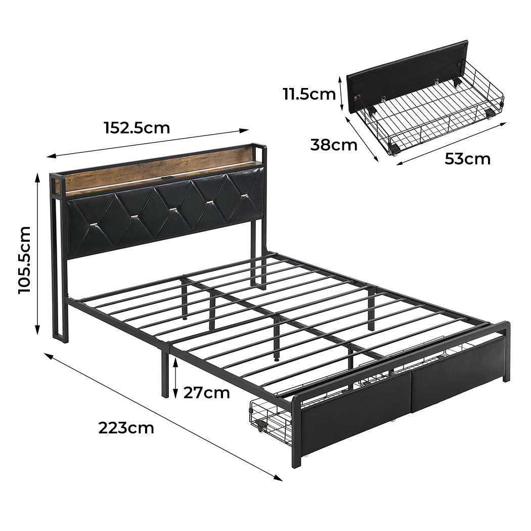 Levede Queen Metal Bed Frame LED Lights 2 Drawers-1910112269061197826