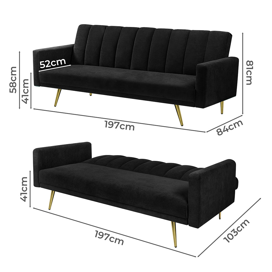 Levede Sofa Bed Convertible Velvet Lounge Recliner Couch Sleeper 3 Seater Black-1910112340699910146