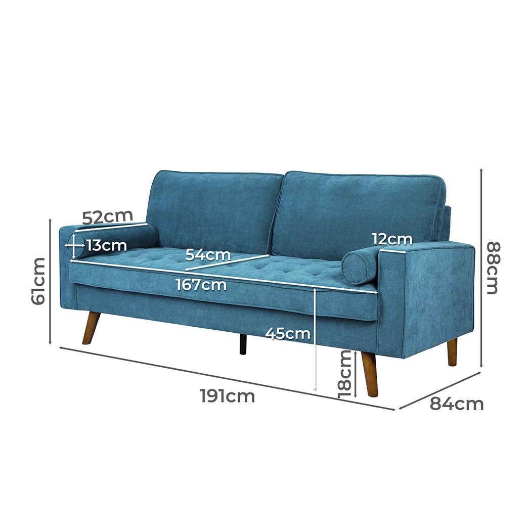 Levede Fabric Sofa Armchair 3 Seater Couch Blue 191cm Wide-1910112520178372610