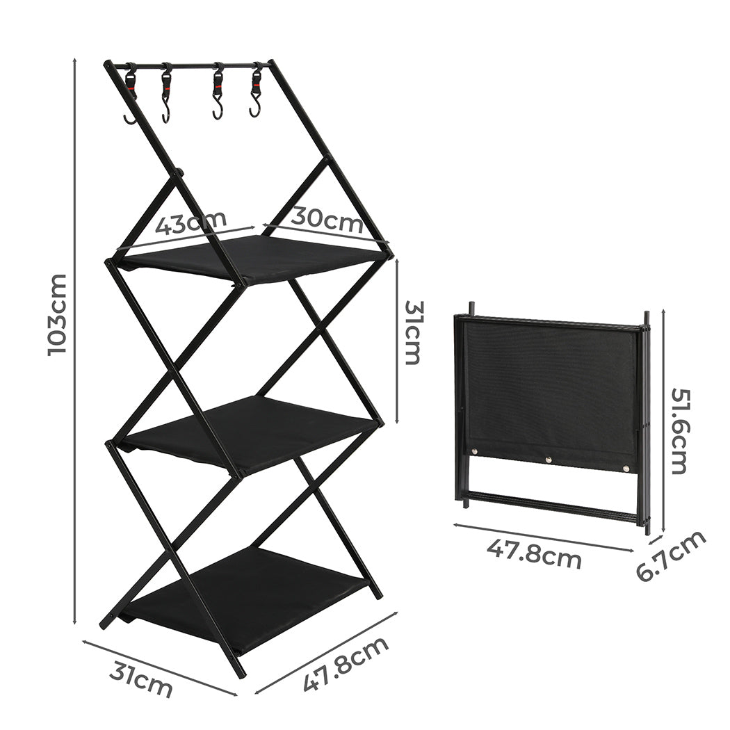 Levede Foldable Camping Storage Shelves 3 Layer with Hooks Black-1942352898612662274
