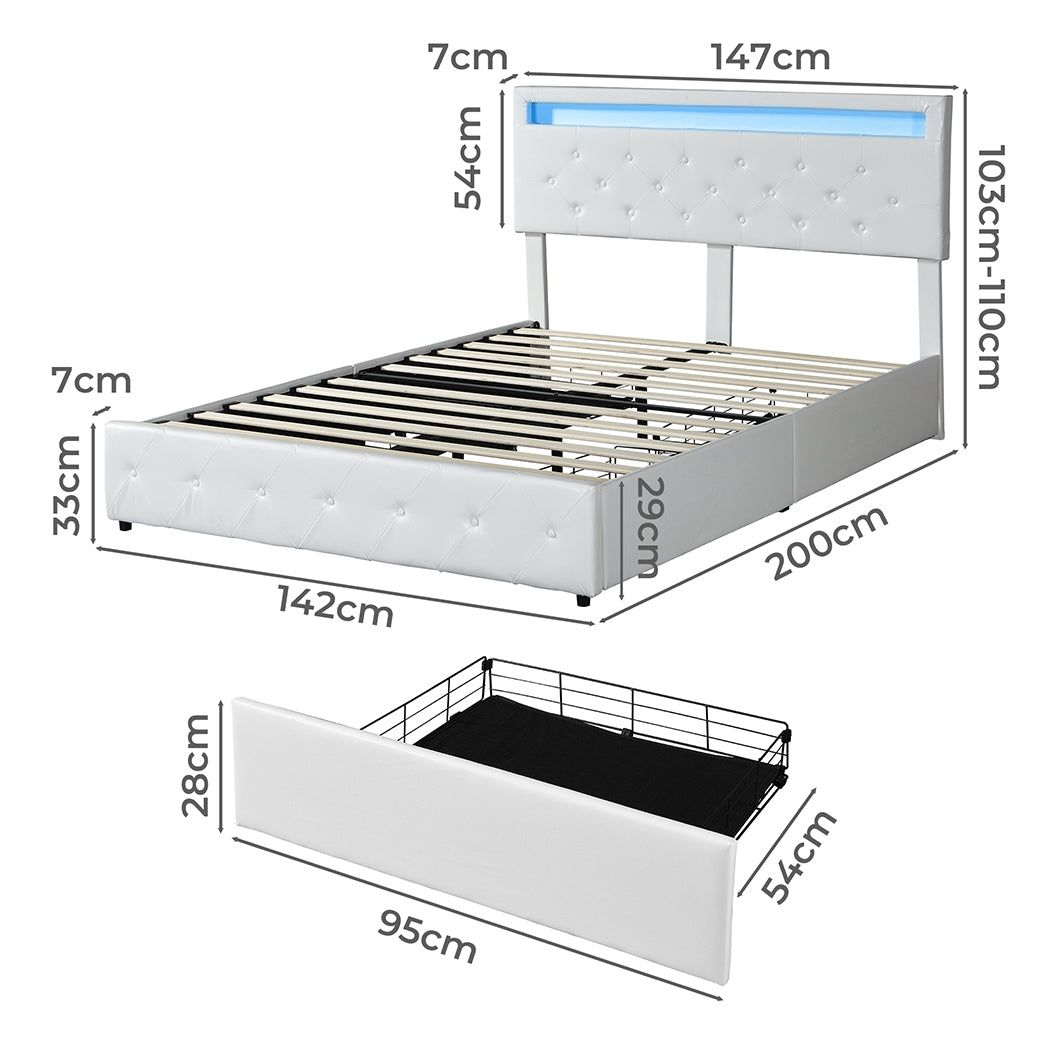 Levede Double Bed Frame RGB LED PU 4 Drawer USB-1937319784479854594