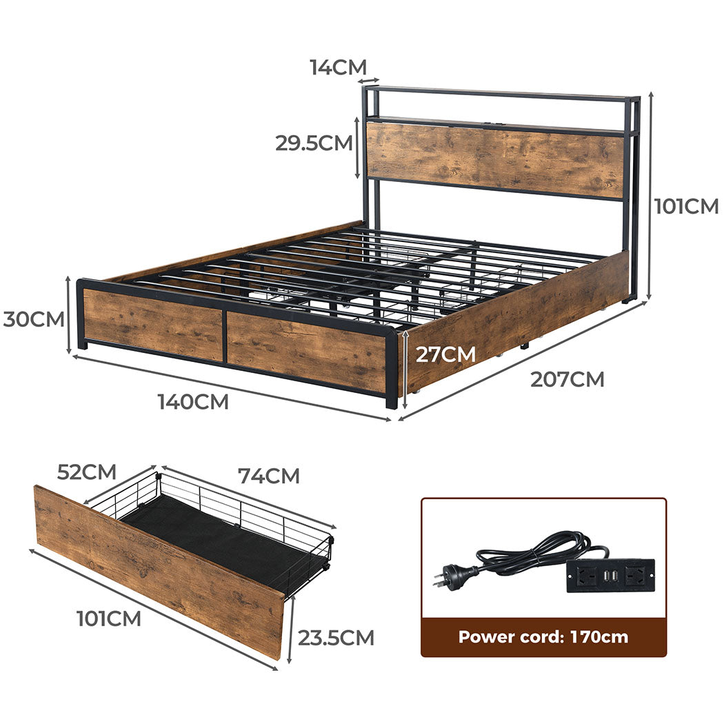 Levede Double Bed Frame RGB LED 4 Drawers USB-1942353613665996802