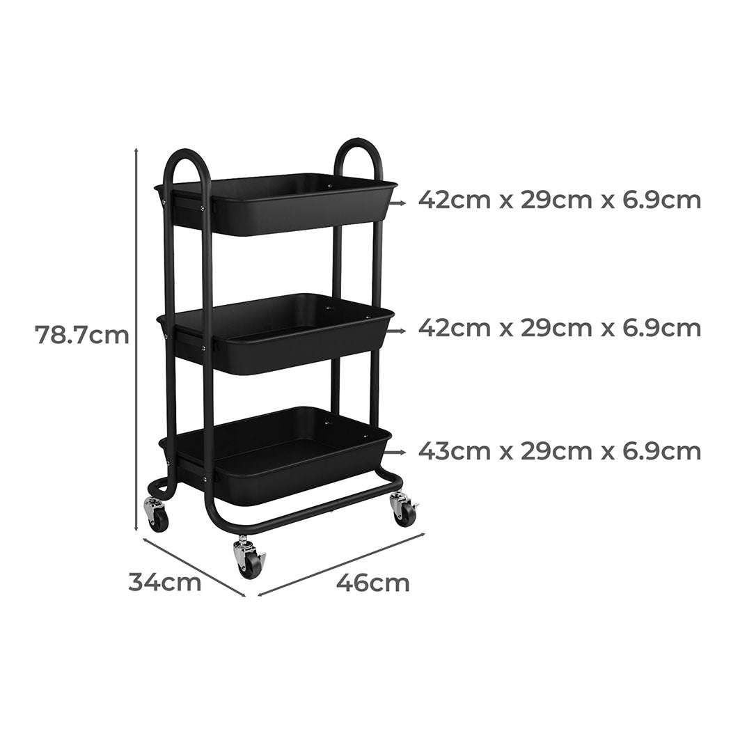 Levede 3 Tiers Kitchen Storage Trolley Black-1942353198476038146