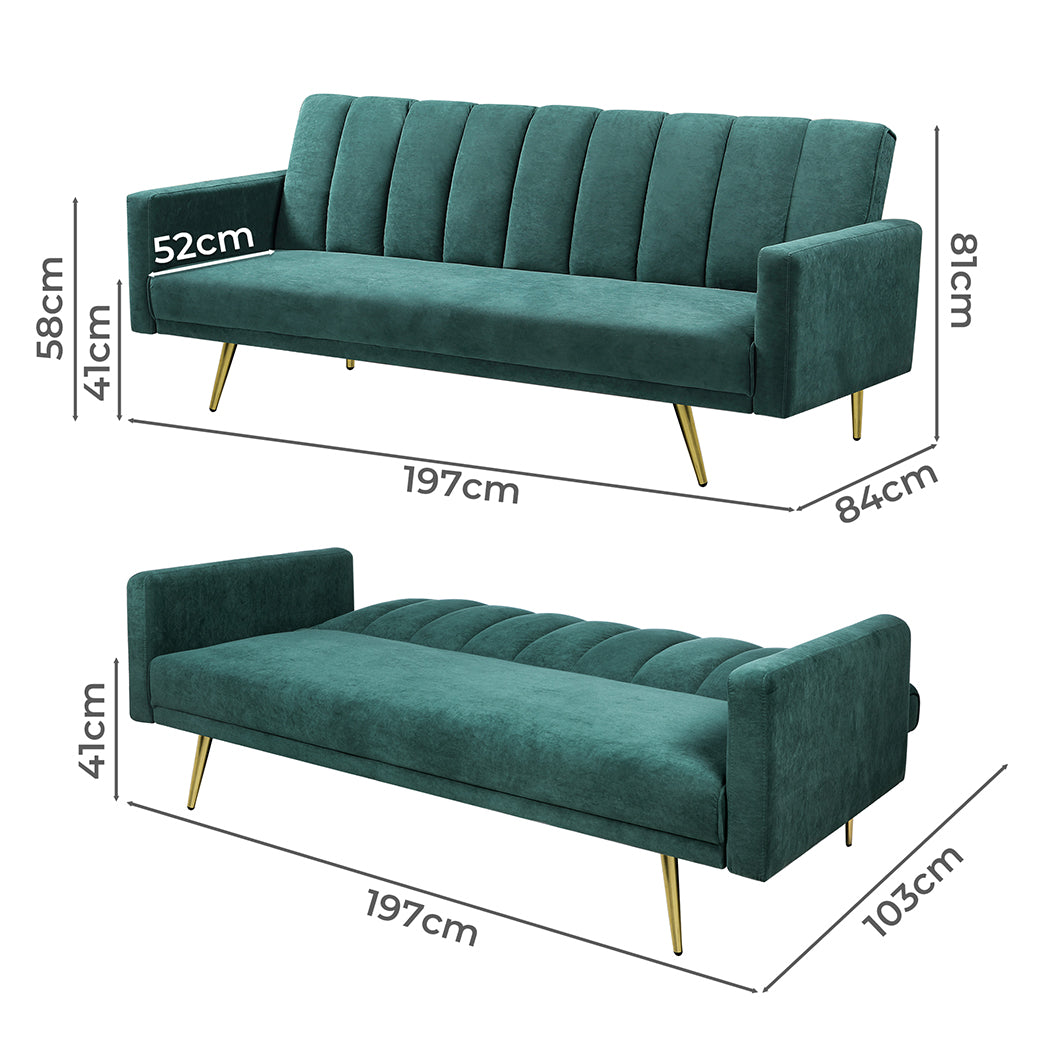 Levede Sofa Bed Convertible Velvet Lounge Recliner Couch Sleeper 3 Seater Green-1910112341077397504